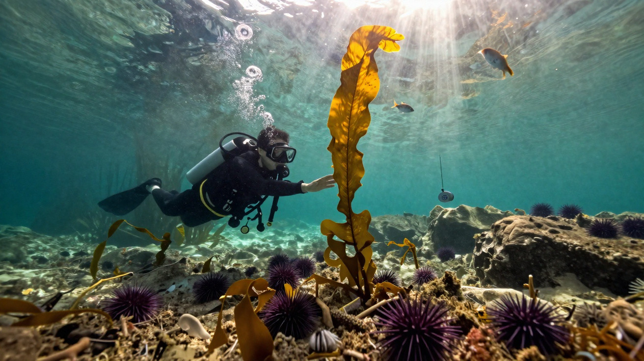 Mergulhador a explorar fundo do mar entre ouriços-do-mar e plantas aquáticas sob luz solar.