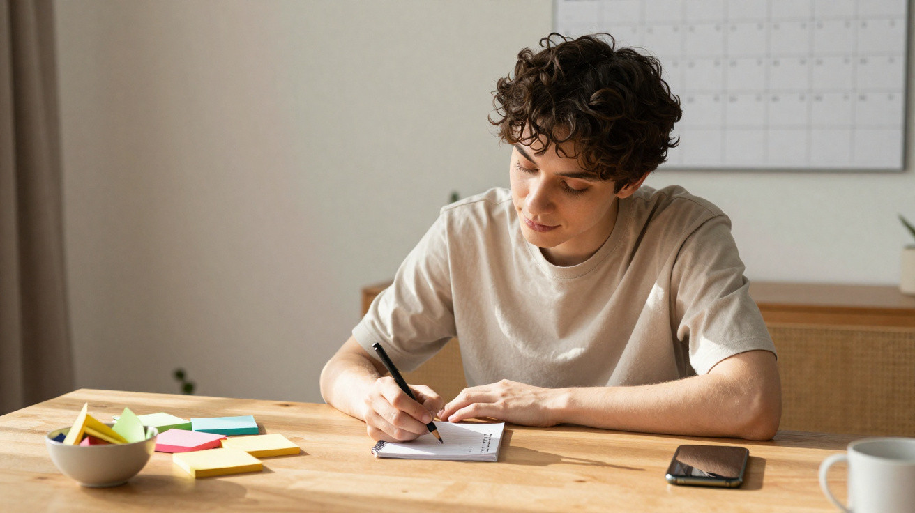 Jovem a escrever num caderno numa mesa com notas adesivas, telemóvel e caneca.