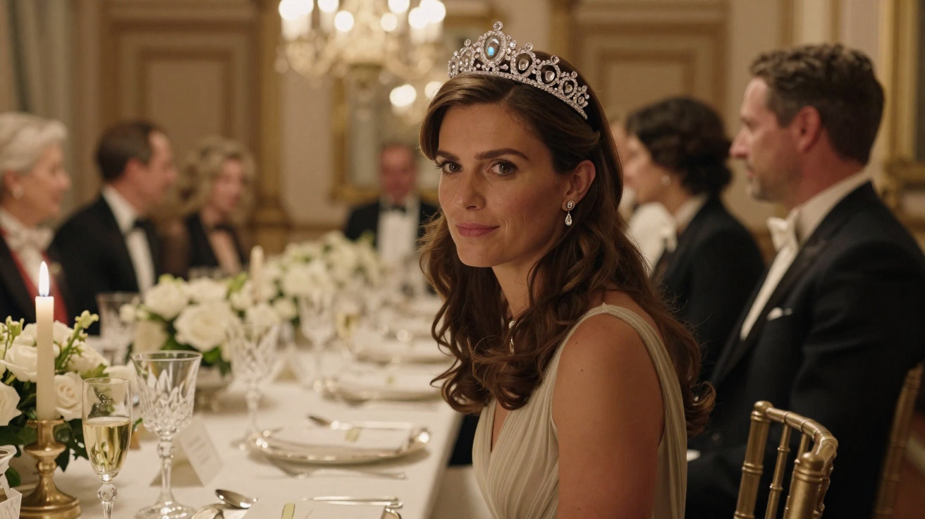 Mulher com tiara sentada à mesa decorada com flores brancas e candelabros, em ambiente formal e elegante.