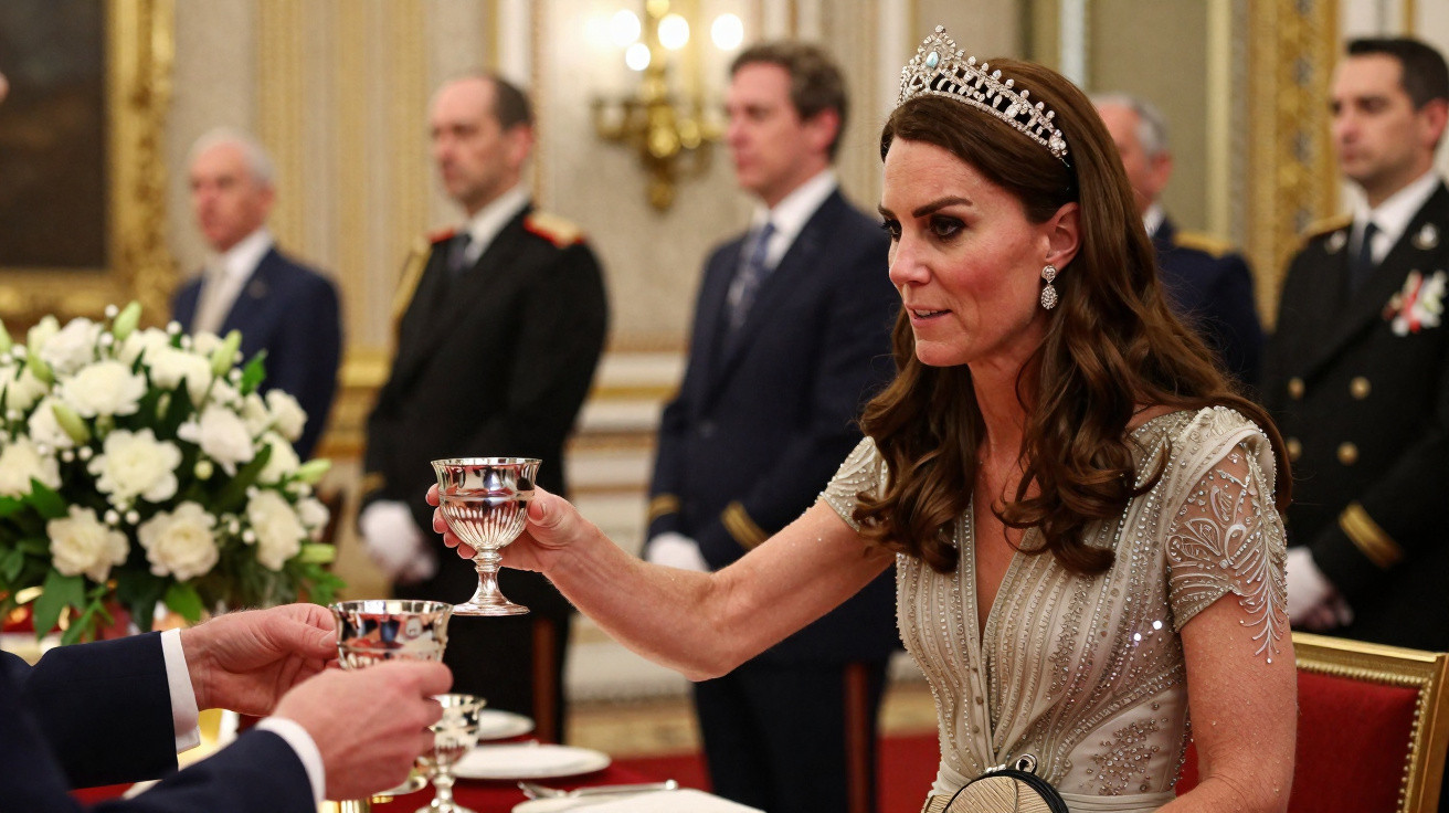 Mulher com vestido formal e tiara brinda com copo de prata durante evento cerimonial em sala luxuosa.