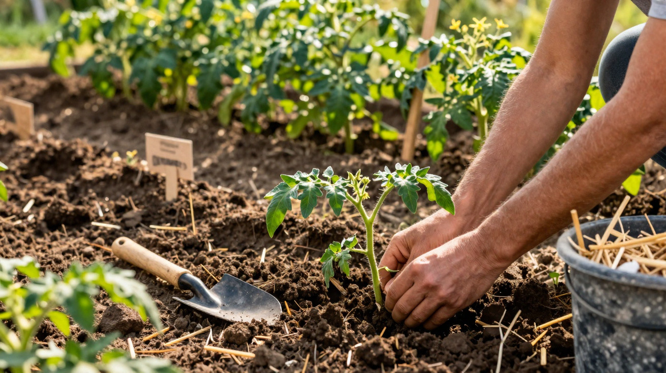 Pessoa a plantar uma muda de tomateiro num jardim com terra fofa e ferramentas de jardinagem.