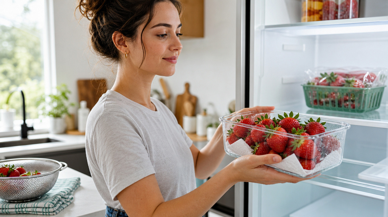 Mulher a guardar uma caixa transparente com morangos frescos no frigorífico moderno da cozinha.