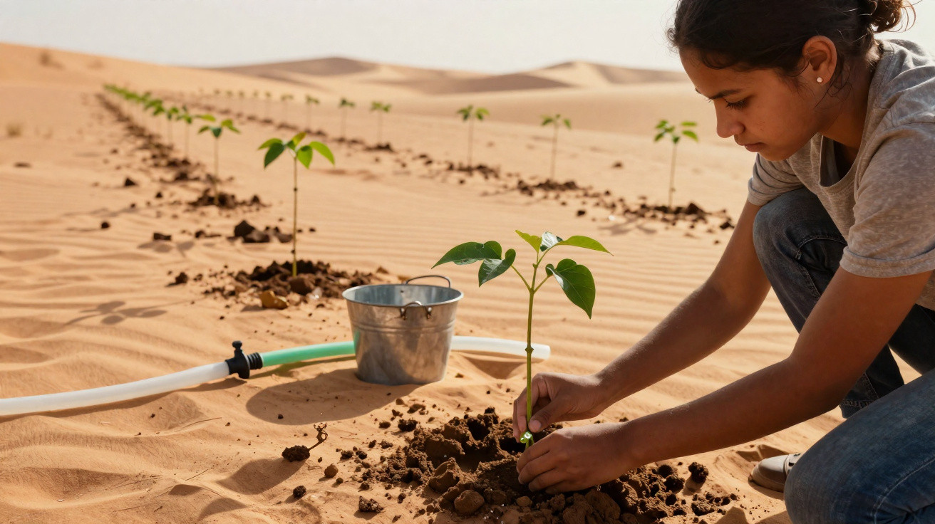 Jovem planta uma muda numa área árida do deserto com linha de rega e balde metálico ao lado.