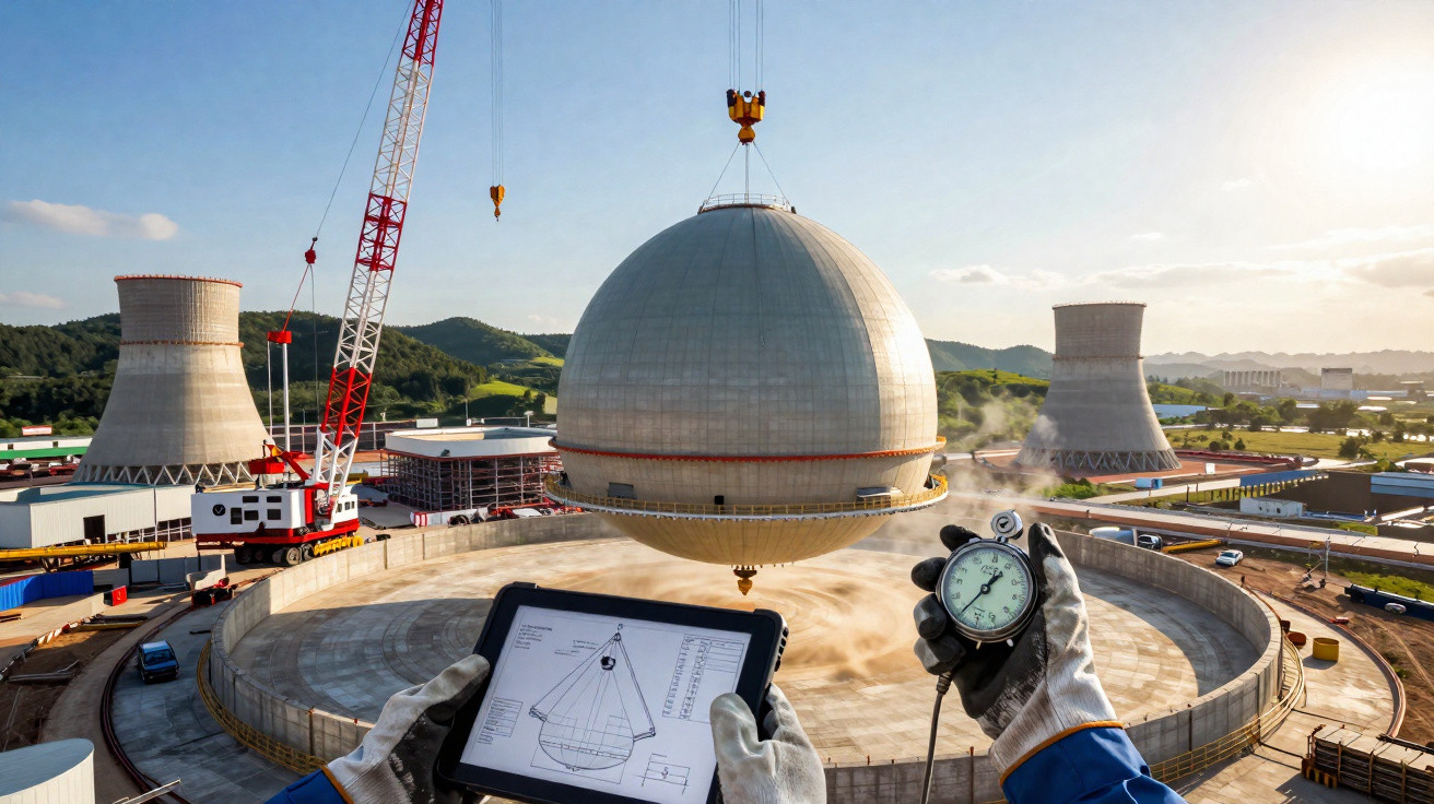 Obra de construção nuclear com esfera gigante suspensa por grua e trabalhador a medir tempo com cronómetro.