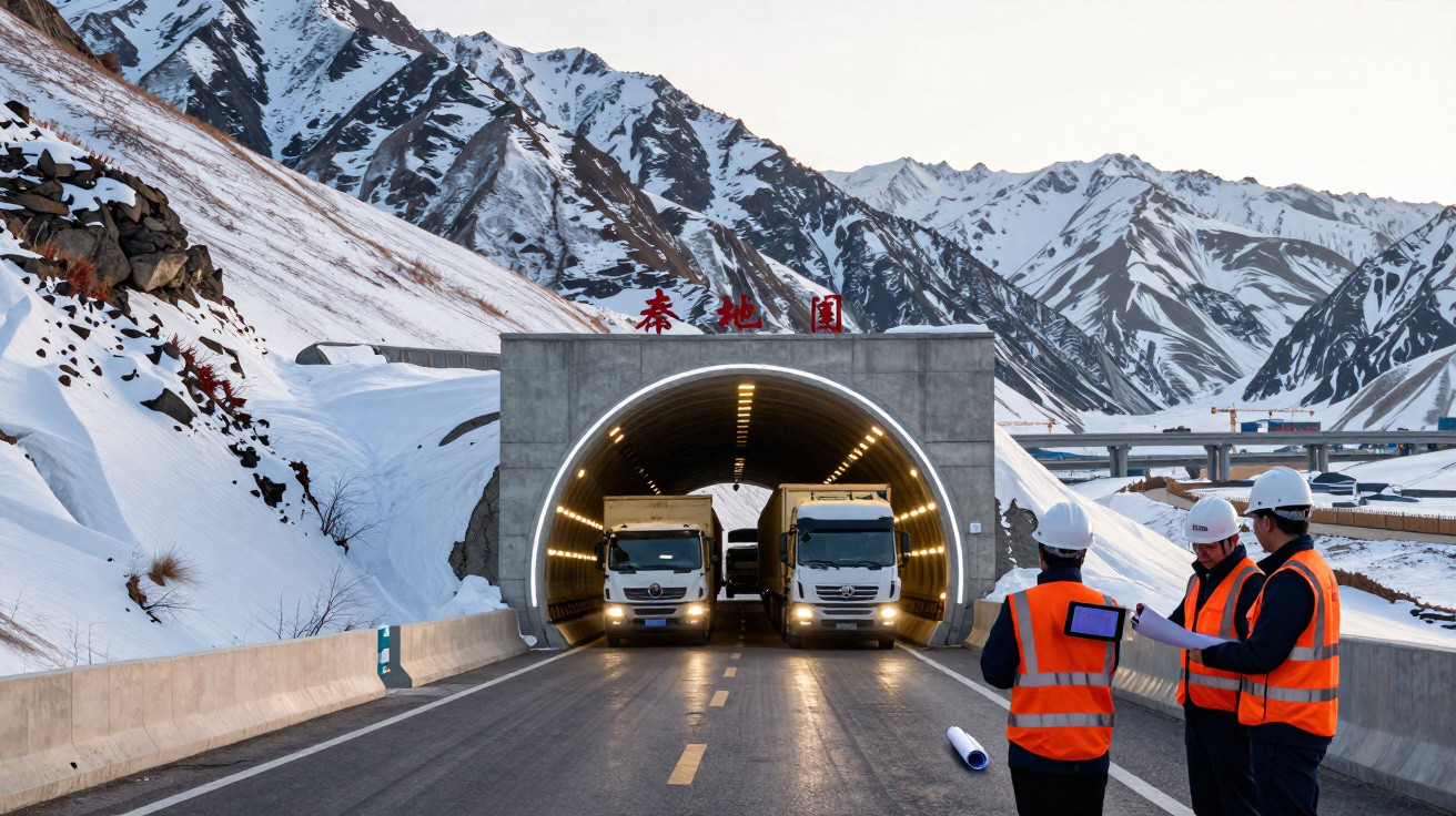 Duas carrinhas saem de túnel na montanha nevada, enquanto dois operários analisam planos junto à estrada.