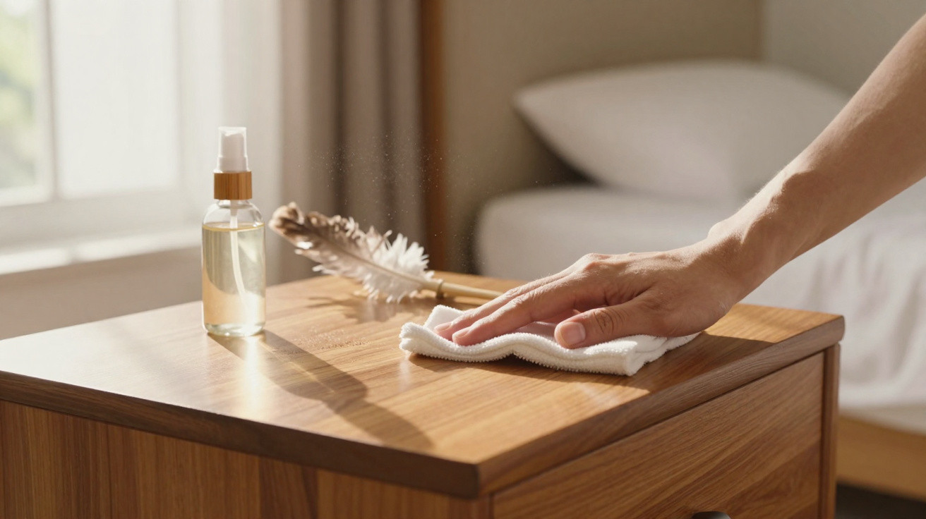 Mão a limpar superfície de madeira com pano branco, spray e penas numa mesa ao lado de cama.
