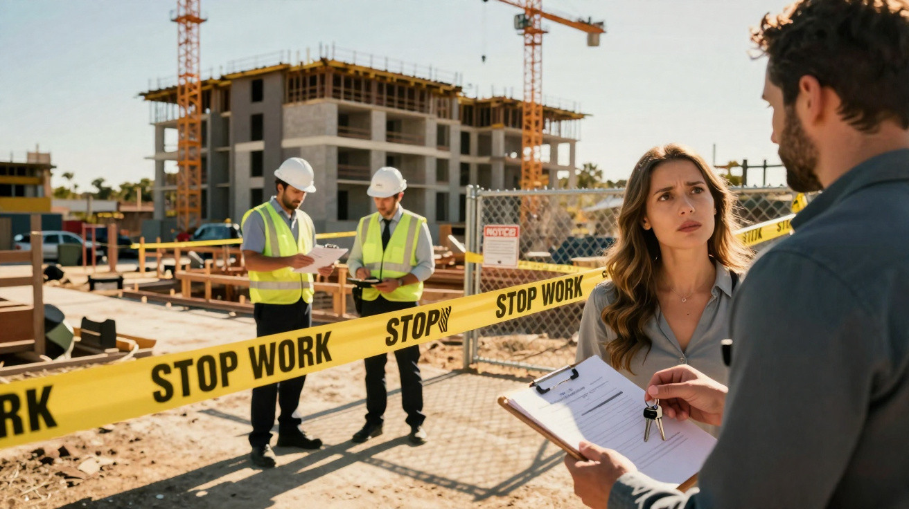 Obra em construção com dois operários e dois adultos a discutir documentos atrás de fita amarela de segurança.