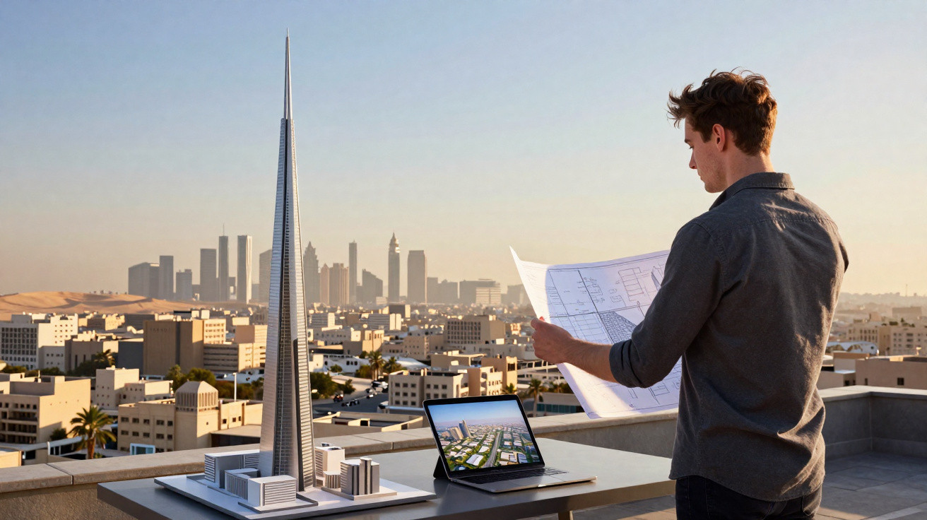 Homem a analisar planta com maquete de arranha-céus e tablet numa mesa numa varanda com cidade ao fundo.