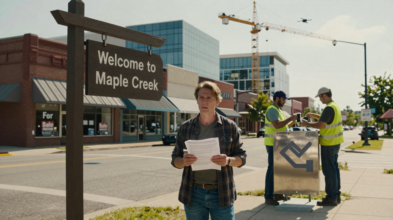 Dois adultos com documentos na mão caminham em rua com letreiro "Welcome to Maple Creek" e drone ao fundo.