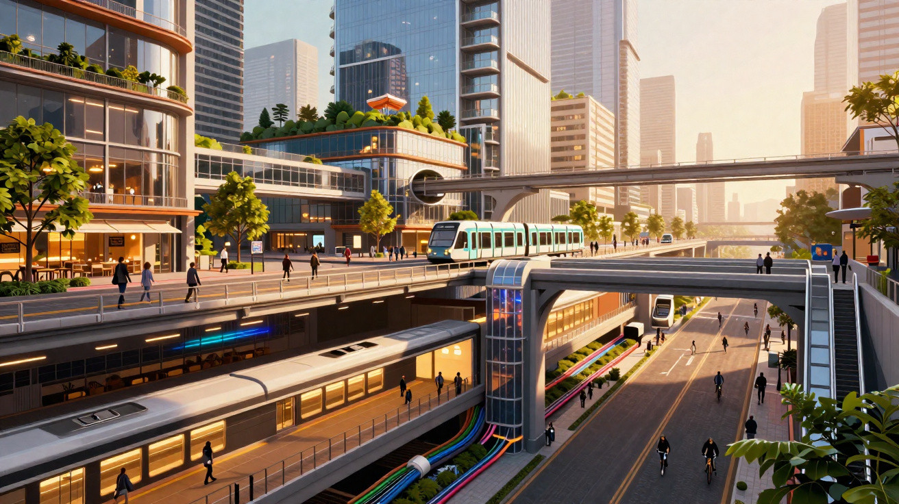 Cidade moderna com transportes públicos, bicicletas, pessoas e edifícios altos num dia ensolarado.