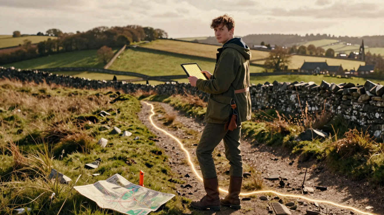 Jovem com mochila e tablet parado numa trilha rural, com mapa no chão e campos verdes ao fundo.