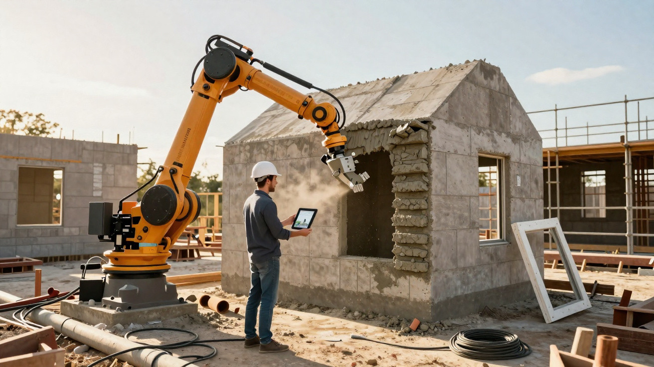 Engenheiro controla robô amarela que constrói casa de blocos de cimento numa obra ao ar livre.
