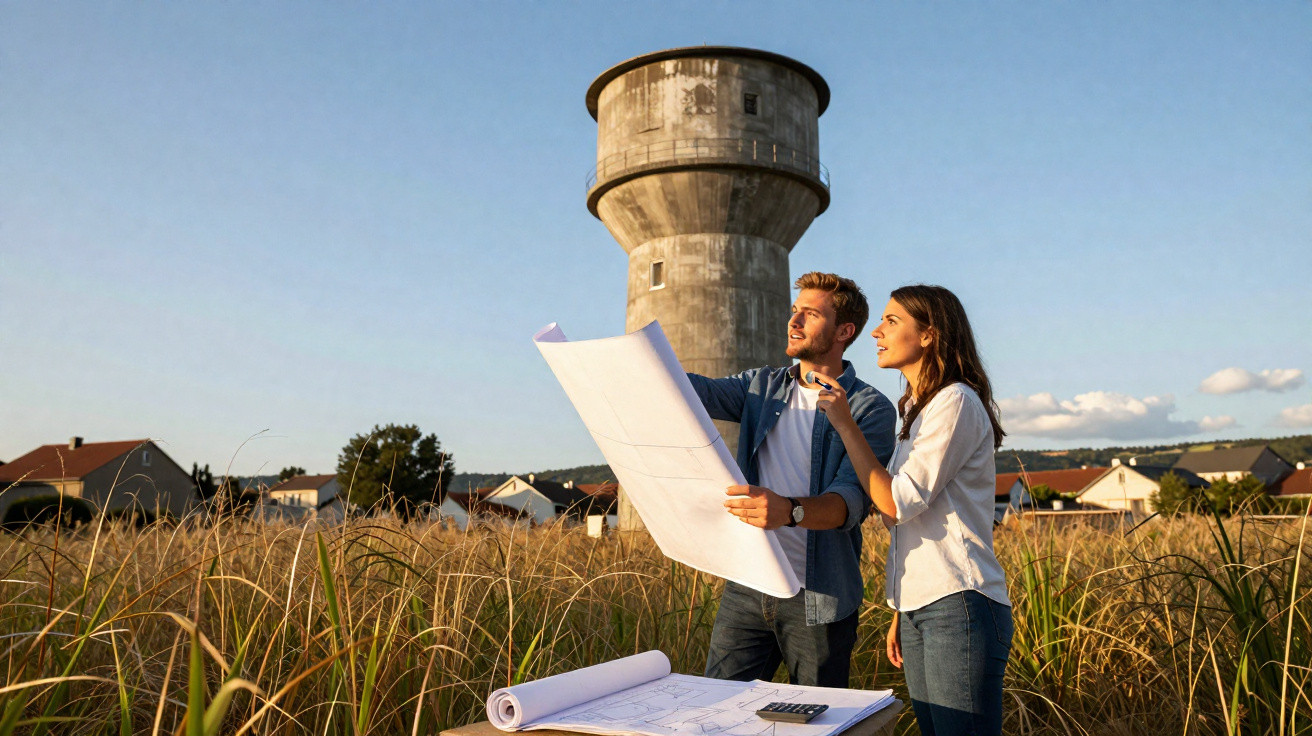 Dois arquitetos analisam plantas junto a um reservatório de água num campo ao pôr do sol.