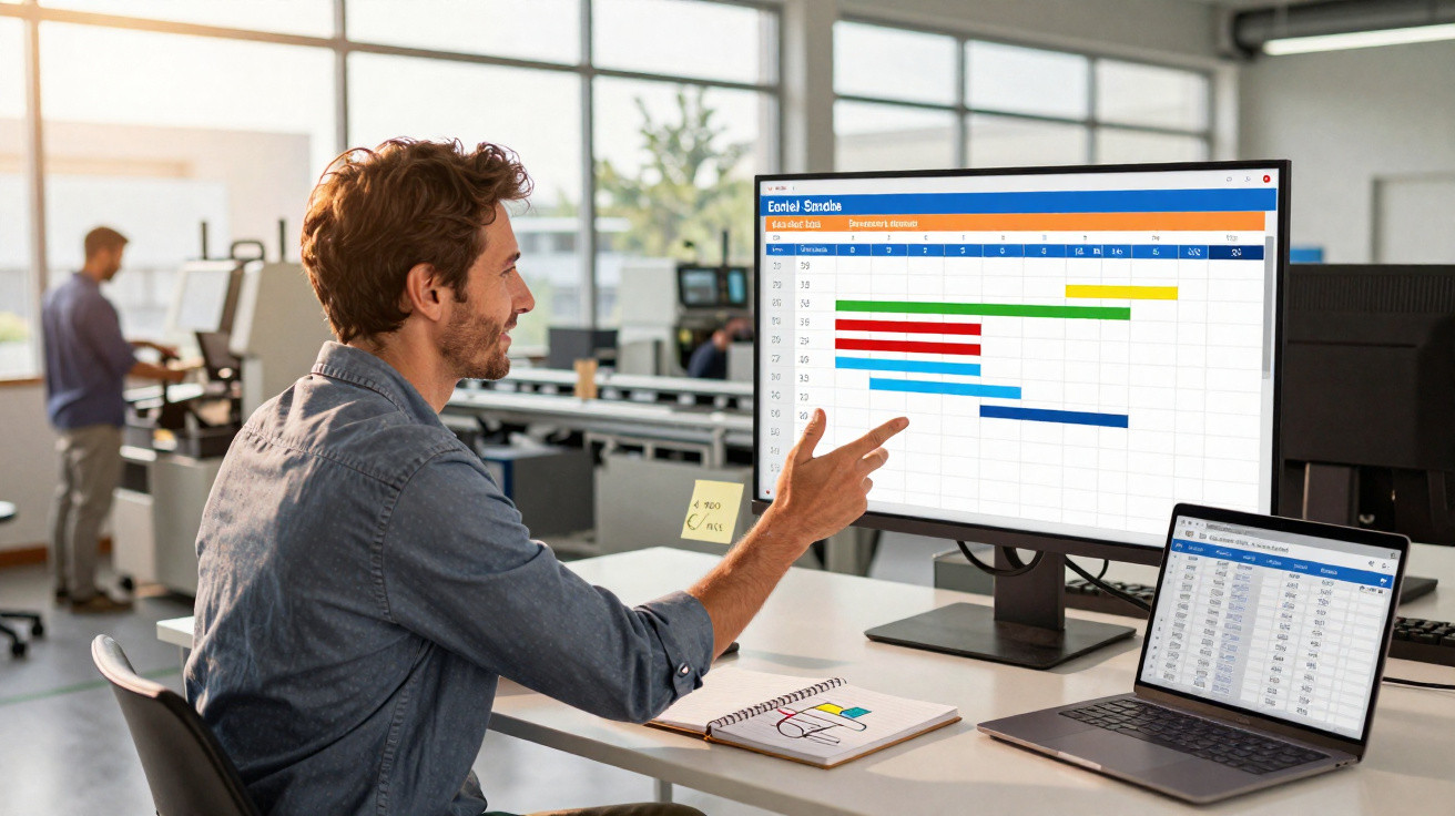 Homem sentado em escritório ao computador, analisando gráfico colorido num monitor grande.
