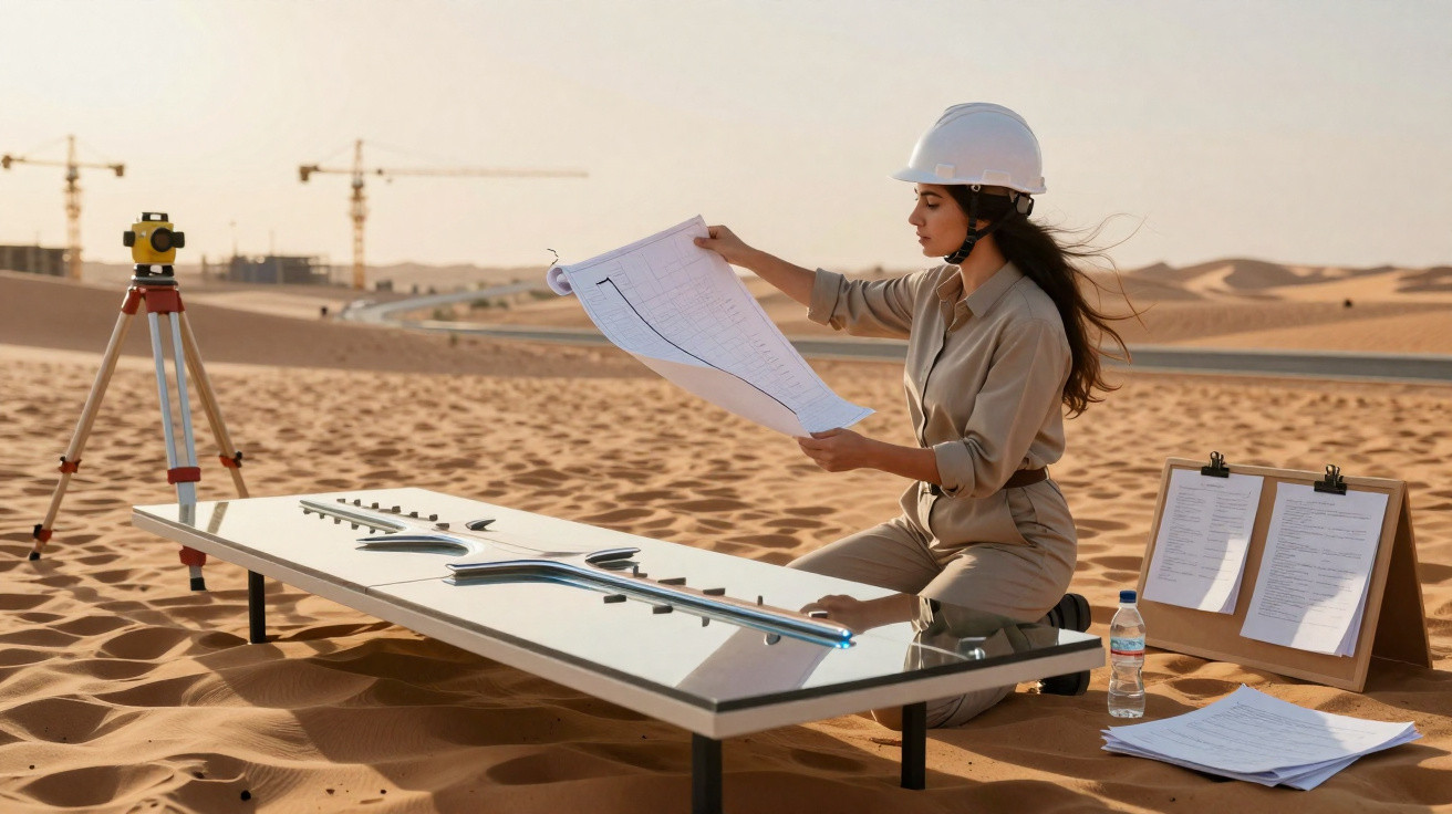 Engenheira a analisar planta de projeto de construção no deserto, com capacete e equipamentos técnicos.