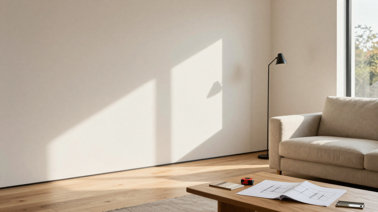 Sala de estar minimalista com sofá bege, mesa de madeira, candeeiro de chão e luz natural a entrar pela janela.