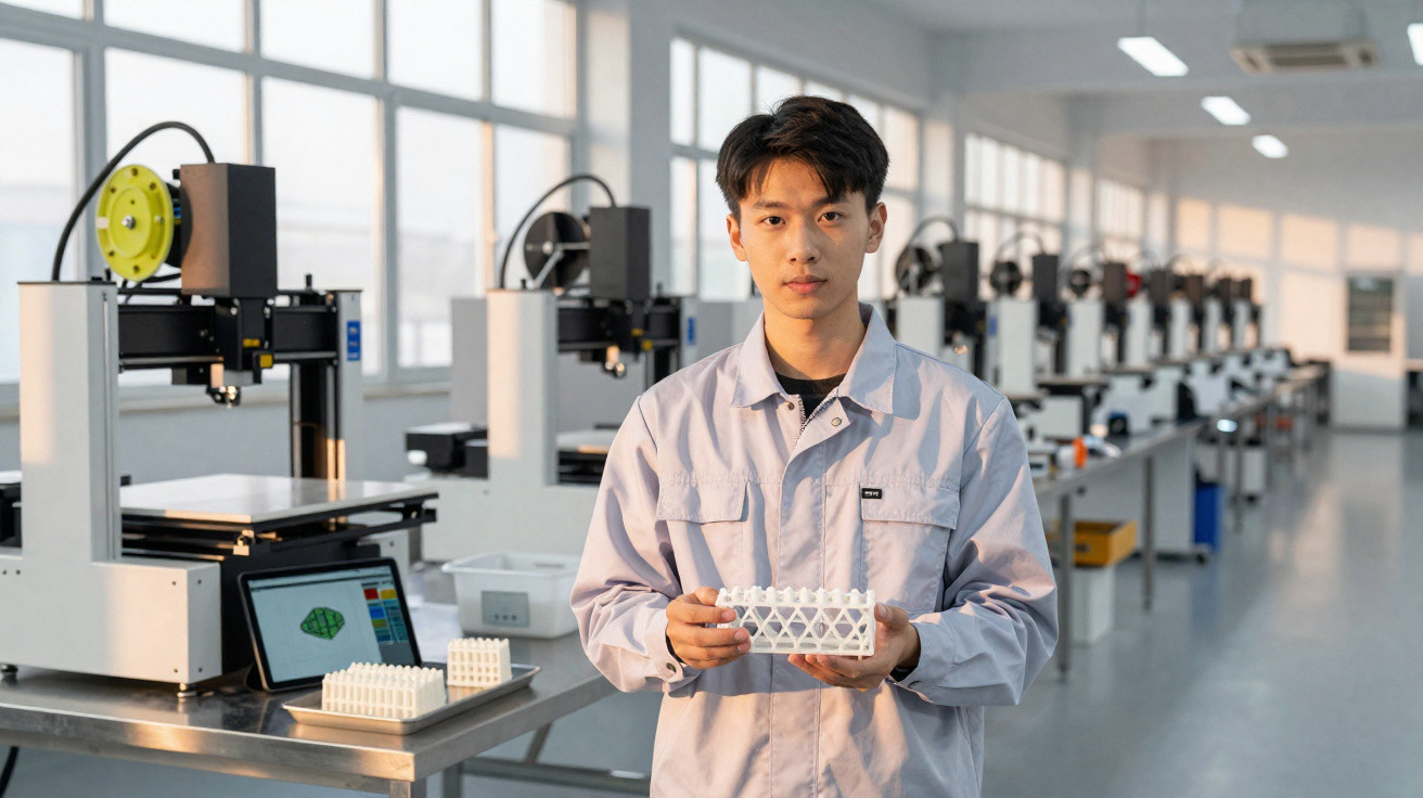 Homem de bata branca segura peça impressa em 3D numa fábrica com diversas impressoras 3D ao fundo.