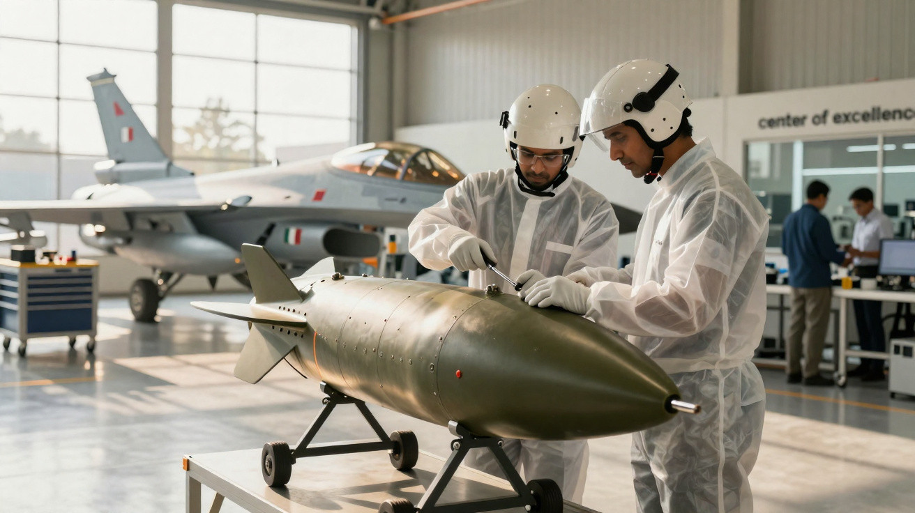 Dois técnicos com capacetes brancos inspecionam um míssil numa oficina com jato militar ao fundo.