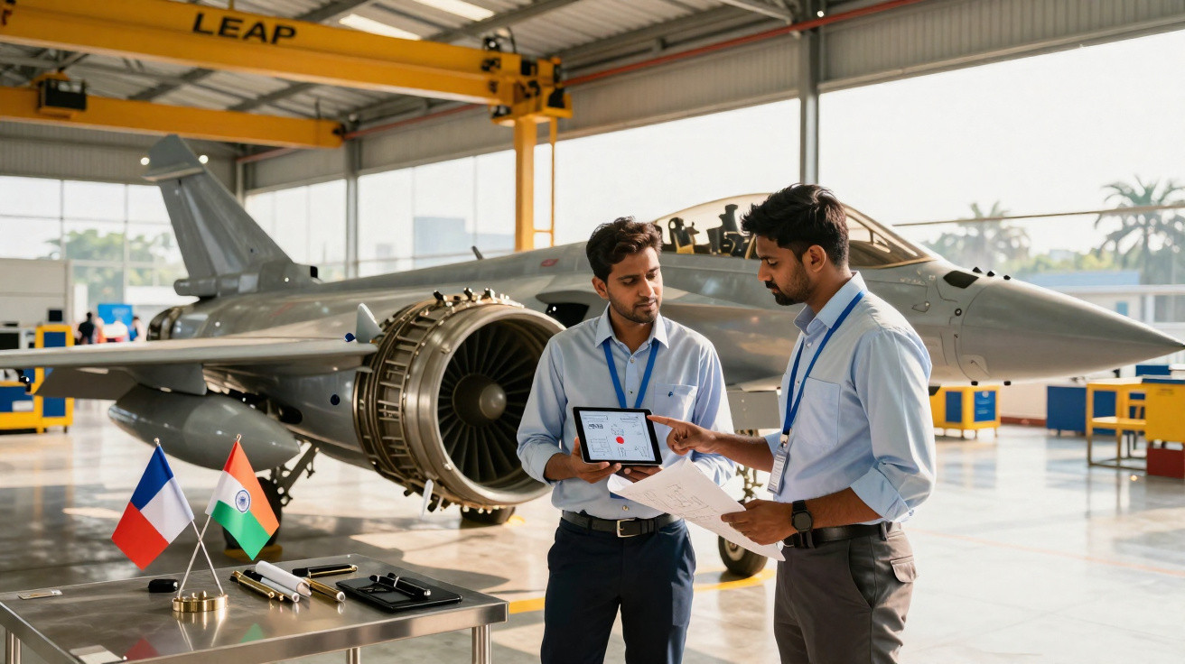 Dois engenheiros discutem planos técnicos junto a um avião de combate num hangar industrial.