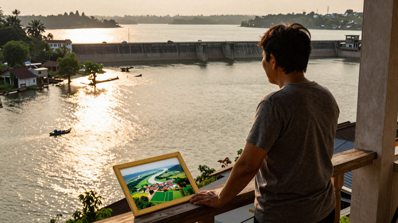 Pessoa idosa observa paisagem de rio ao pôr do sol, segurando quadro com pintura colorida.