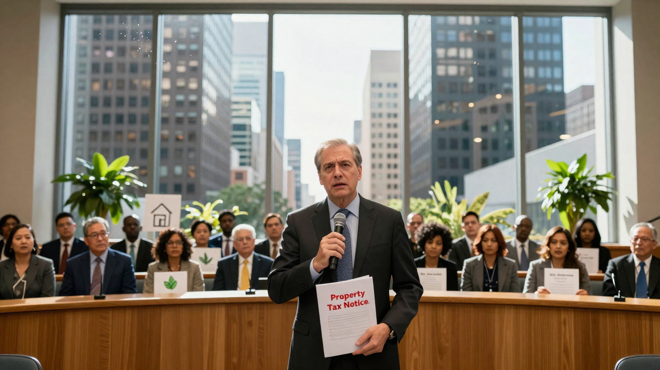 Homem de fato fala ao microfone com placa "Property Tax Notice", multidão atrás segura sinais relacionados a impostos.