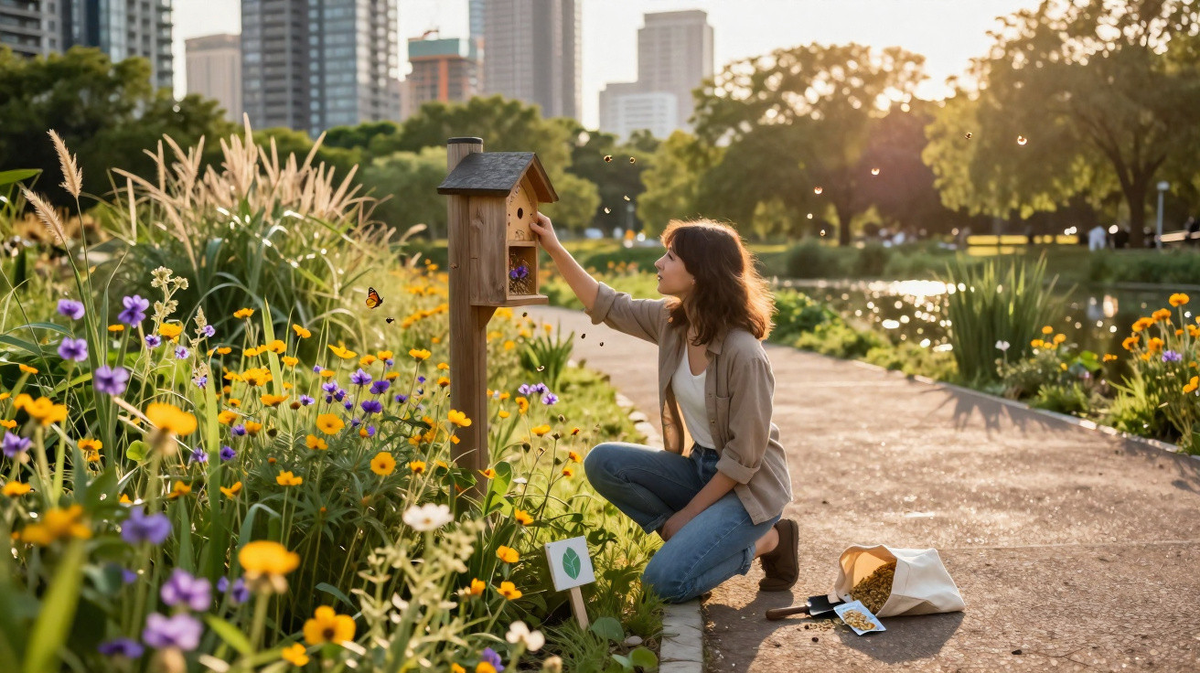 Mulher a cuidar de caixa de insetos num jardim urbano florido ao pôr do sol, com cidade ao fundo.