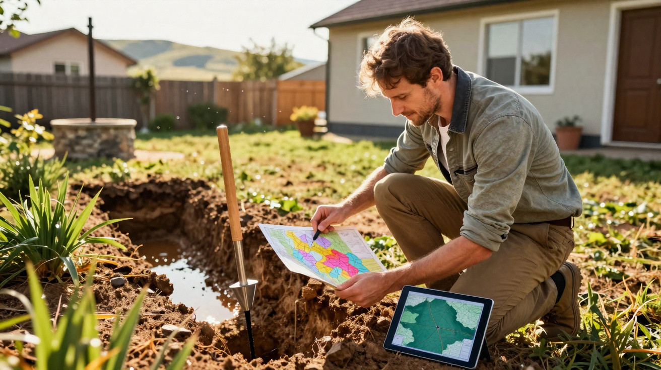 Homem analisa plantas de construção junto a uma vala recentemente escavada num jardim.