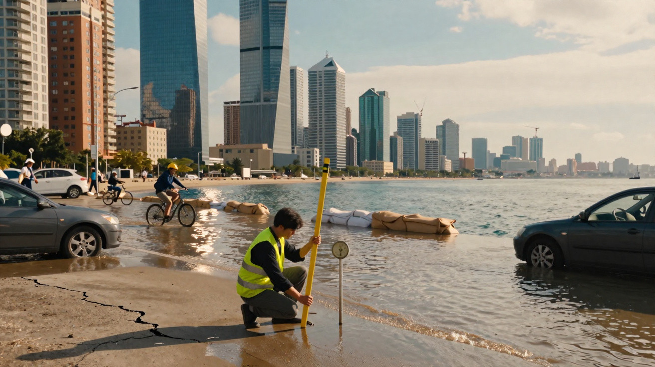 Homem com colete refletor mede nível de água que inundou estrada junto à cidade e ao mar com muitos edifícios altos.