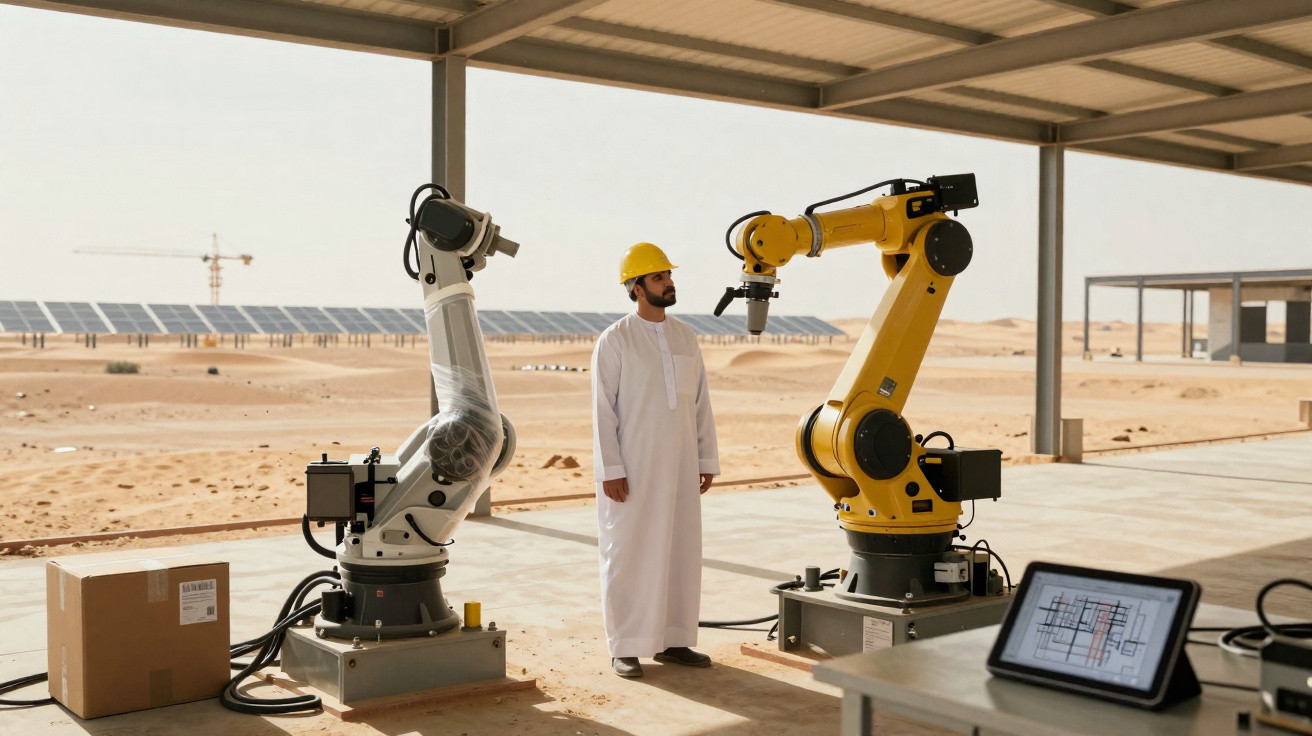 Homem de roupa tradicional e capacete amarelo observa braço robótico num espaço industrial com painéis solares ao fundo.