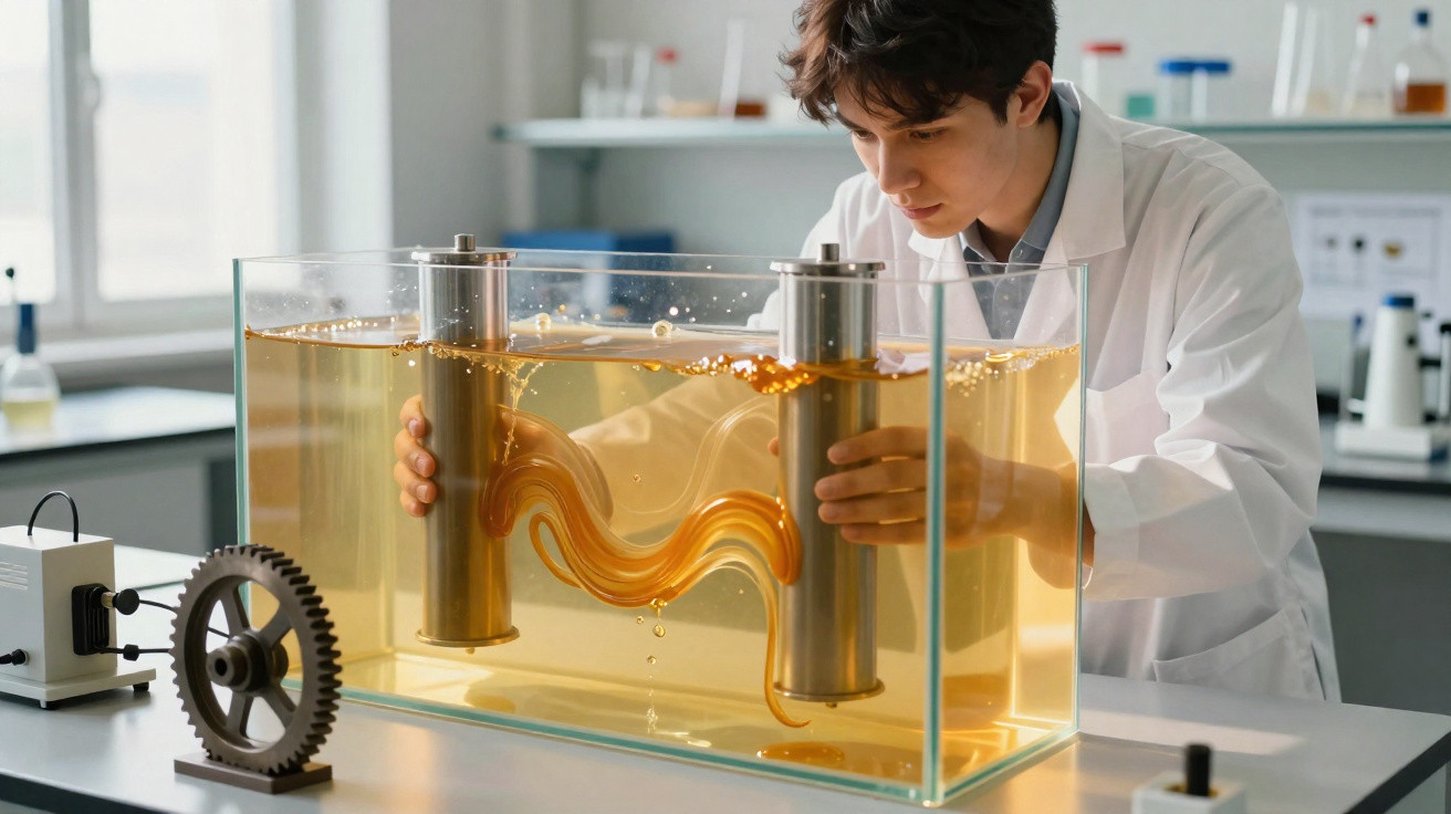 Cientista jovem em bata branca a estudar fluxo de água visível num tanque de laboratório.