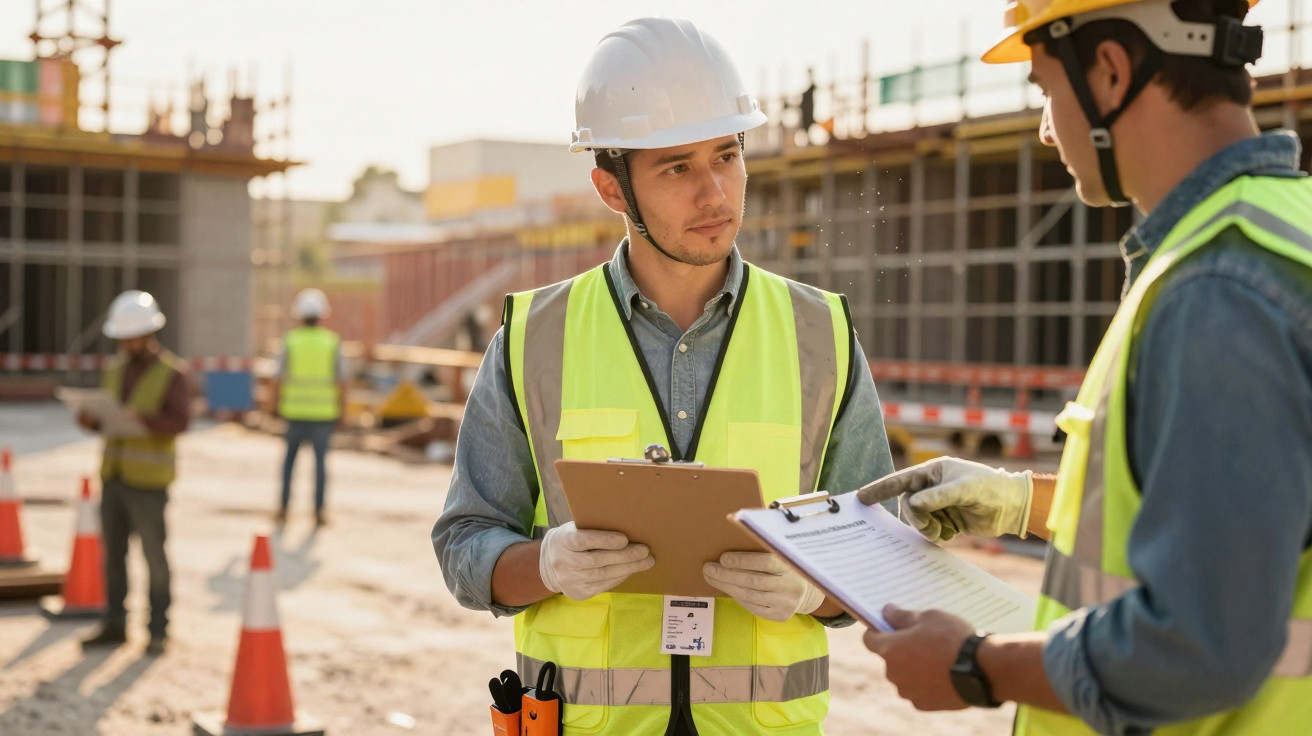 Dois trabalhadores de construção com coletes e capacetes a analisar documentos num estaleiro.