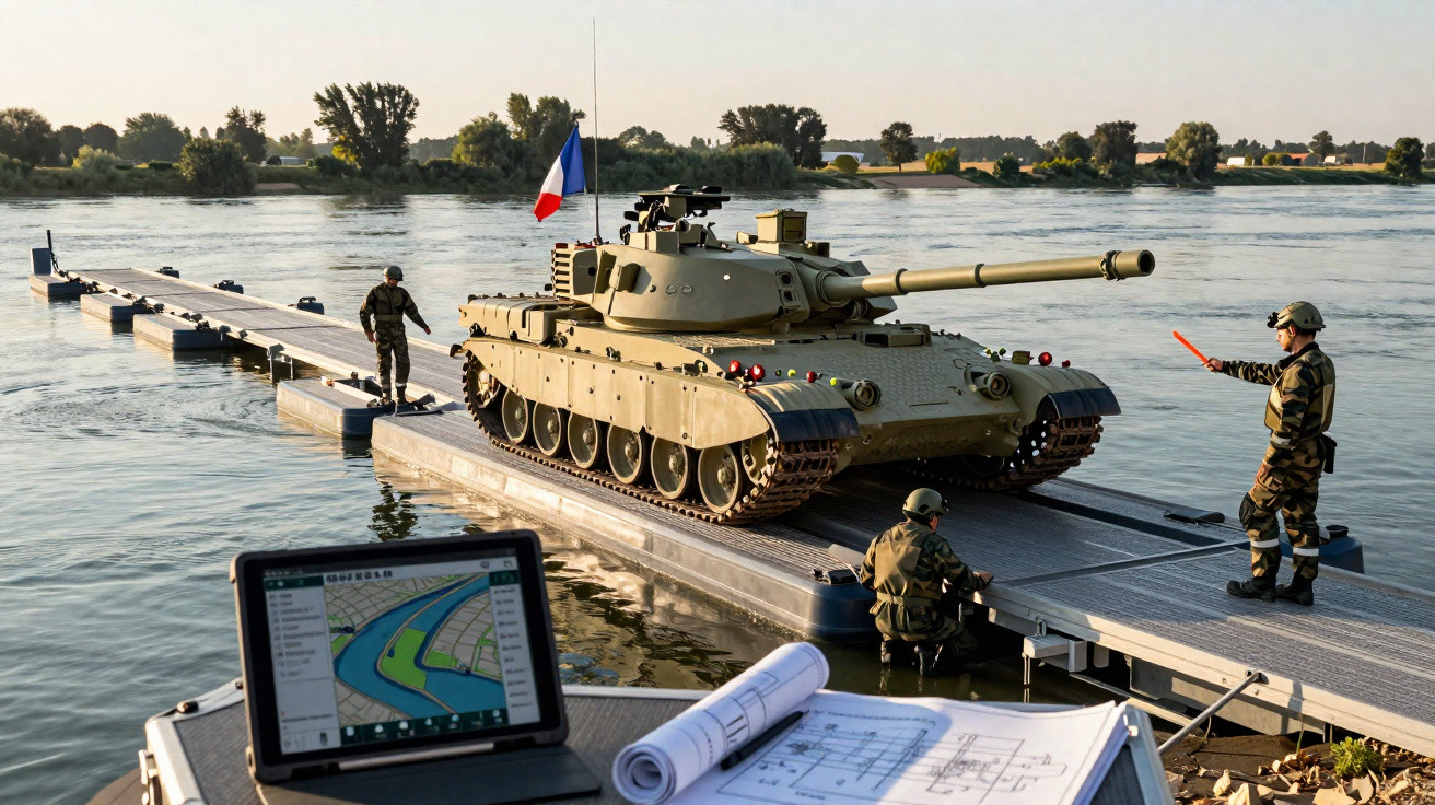 Tanque militar a atravessar ponte flutuante sobre rio, com soldados a orientar e mapa digital visível em primeiro plano.