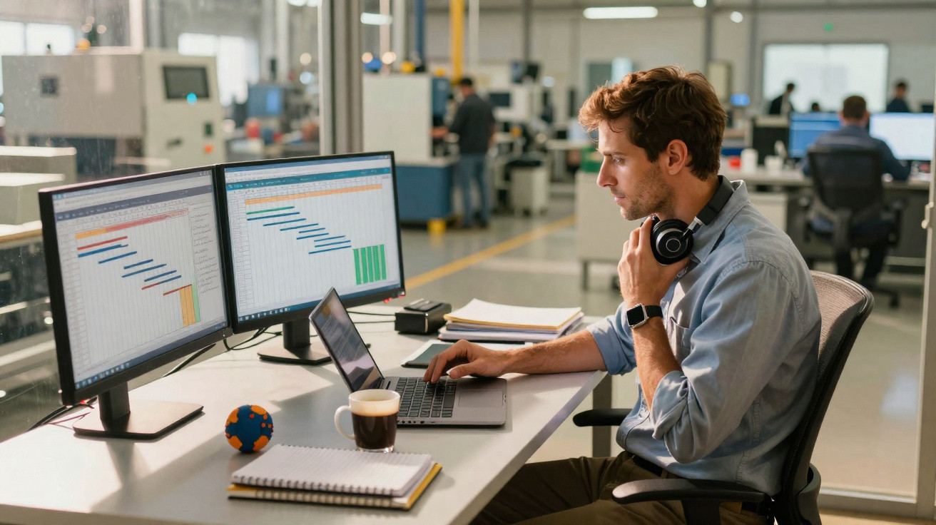 Homem a trabalhar num escritório com dois ecrãs e um computador portátil, analisando gráficos e dados.