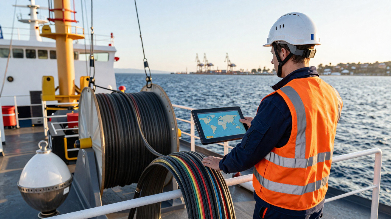 Homem com colete e capacete analisa mapa em tablet a bordo de navio no mar perto de porto industrial.