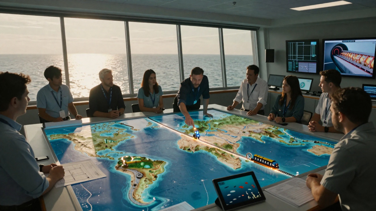 Grupo de pessoas em reunião à volta de mapa-mundo com modelos e projecção de luz numa sala iluminada.