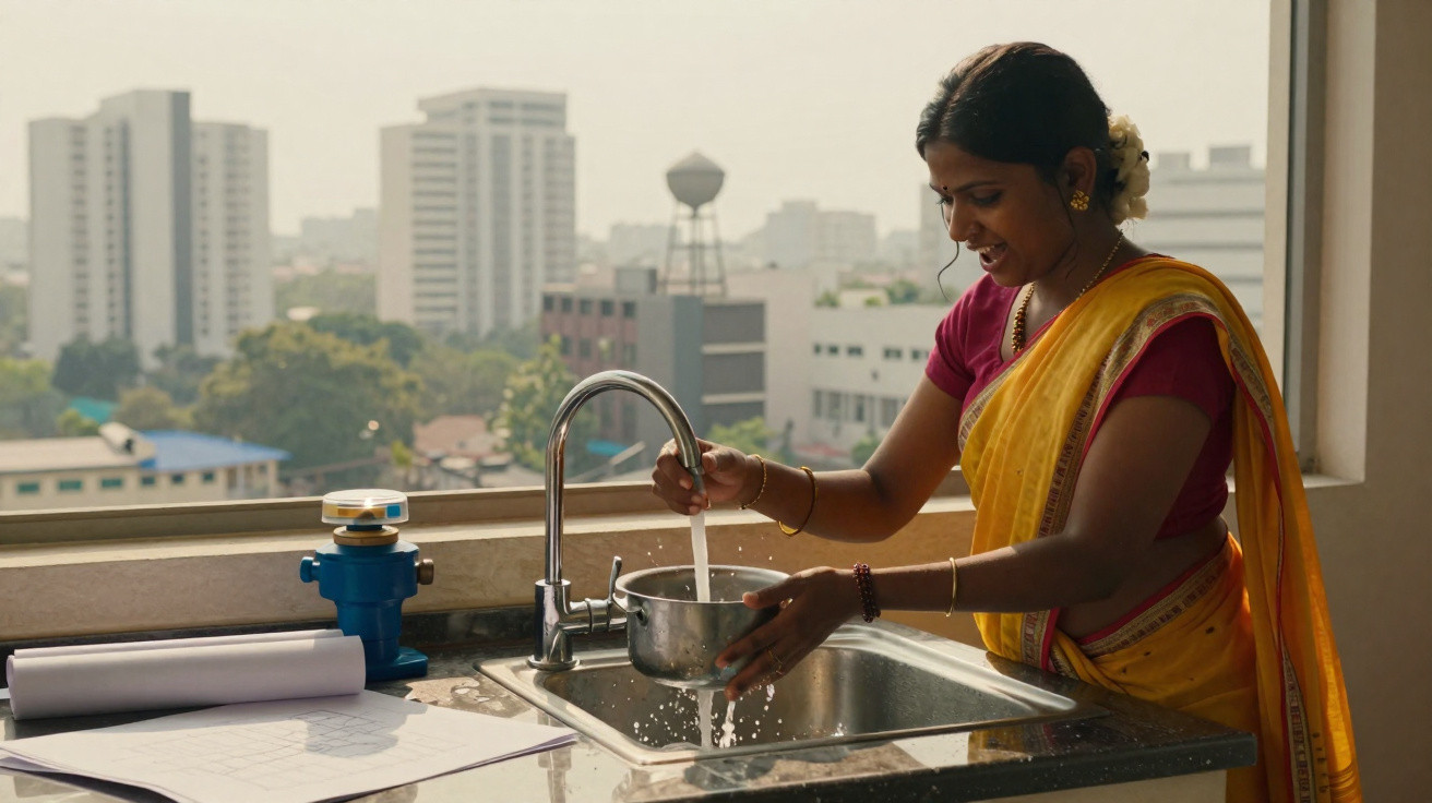 Mulher indiana a lavar uma panela em cozinha com vista para prédios altos numa cidade.