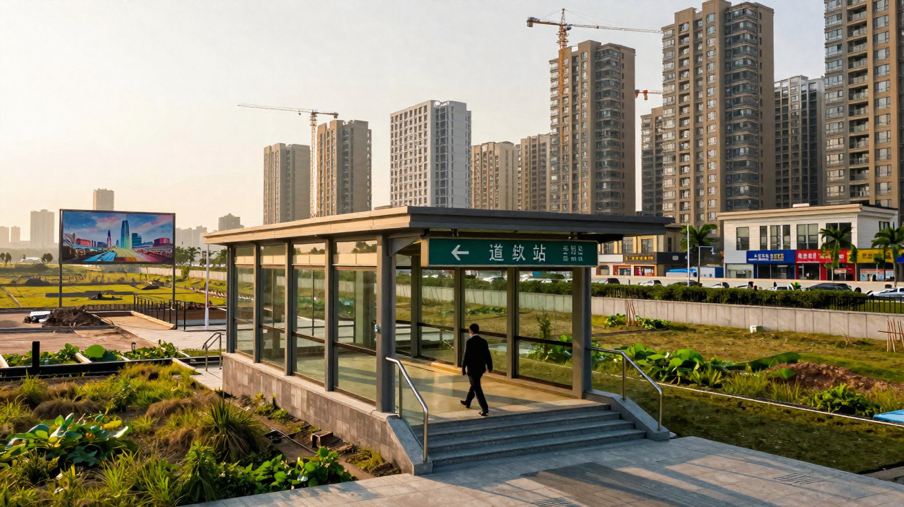 Entrada para estação de metro em área urbana com arranha-céus e obras em construção ao fundo.