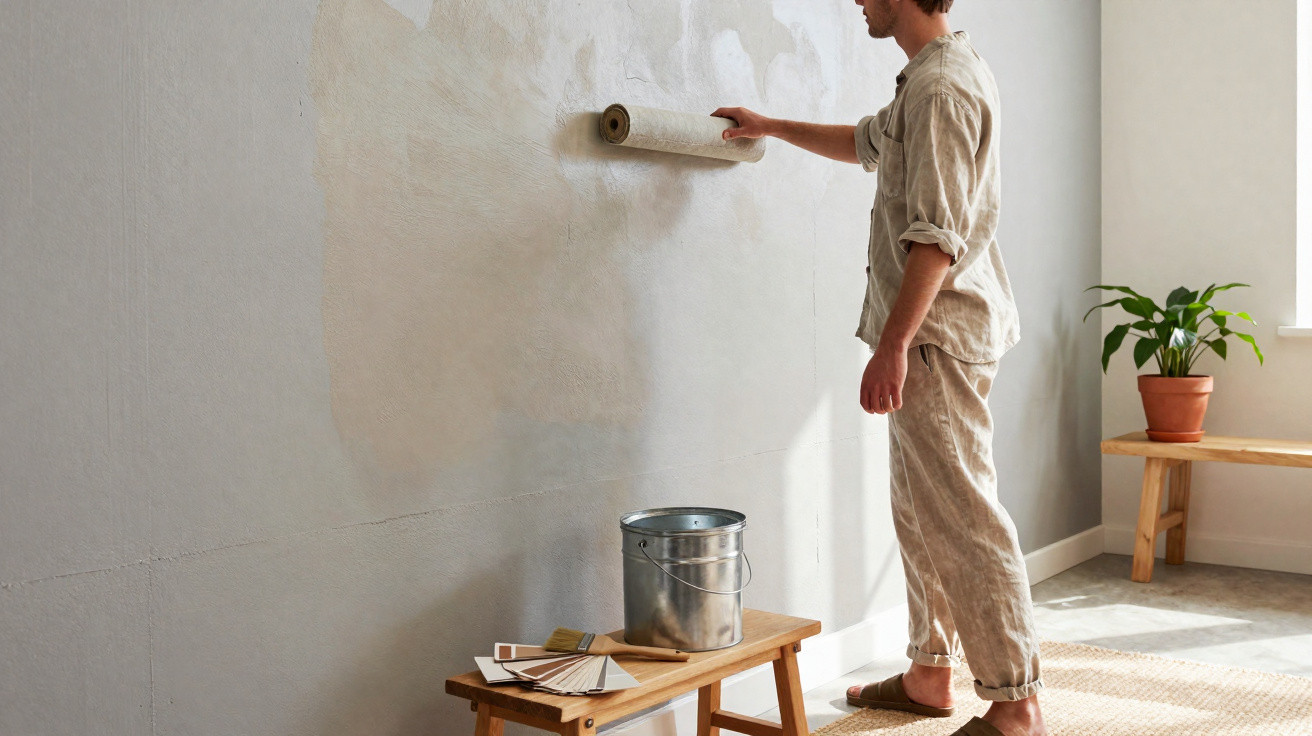 Homem a pintar uma parede cinza clara com um rolo, com um balde e amostras de tinta numa mesa baixa.