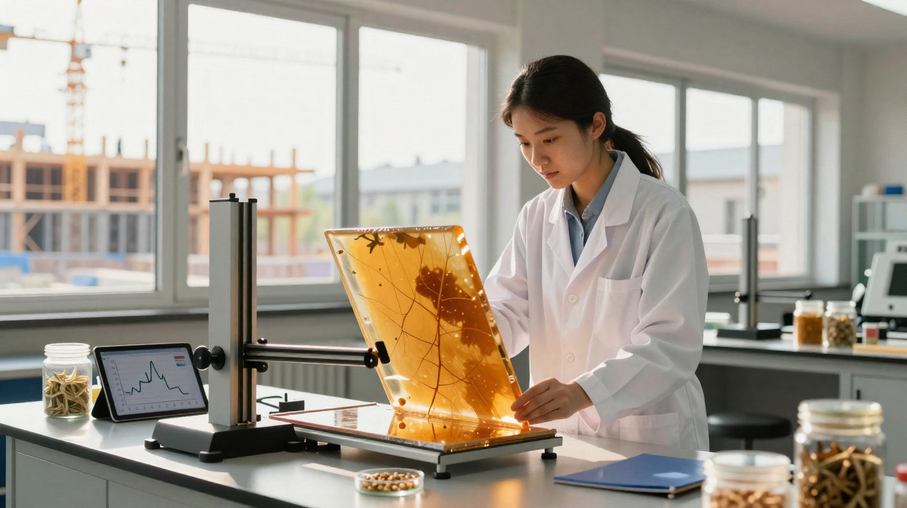 Mulher cientista analisa amostra de planta num laboratório moderno, com gráficos e frascos na bancada.