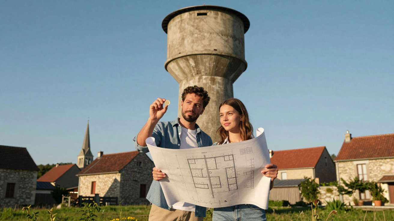 Casal jovem analisa planta arquitetónica em área rural com casas de pedra e torre de água ao fundo.