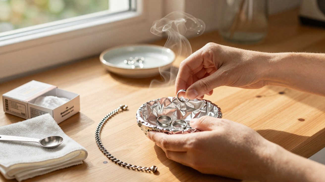 Mãos seguram anéis sobre taça forrada a alumínio com fumo, numa mesa com utensílios para limpeza de joias.
