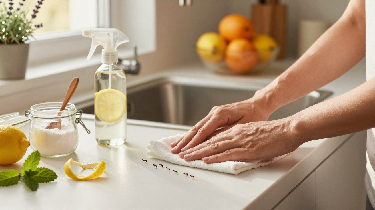 Mãos a limpar superfície de cozinha com pano, perto de formigas, limão, spray e bicarbonato.