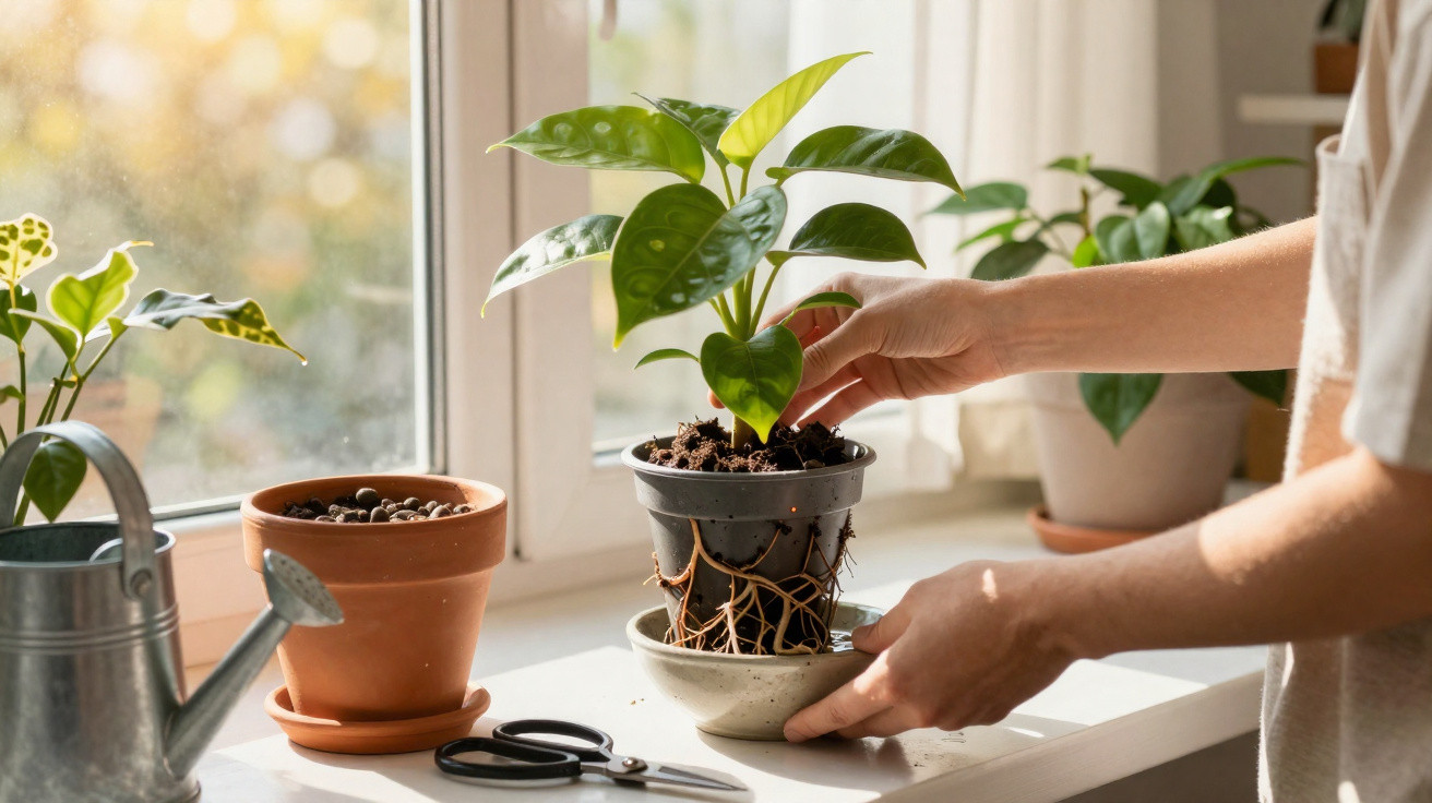 Pessoa a transplantar planta com raízes, vasos e regador numa janela com luz natural.