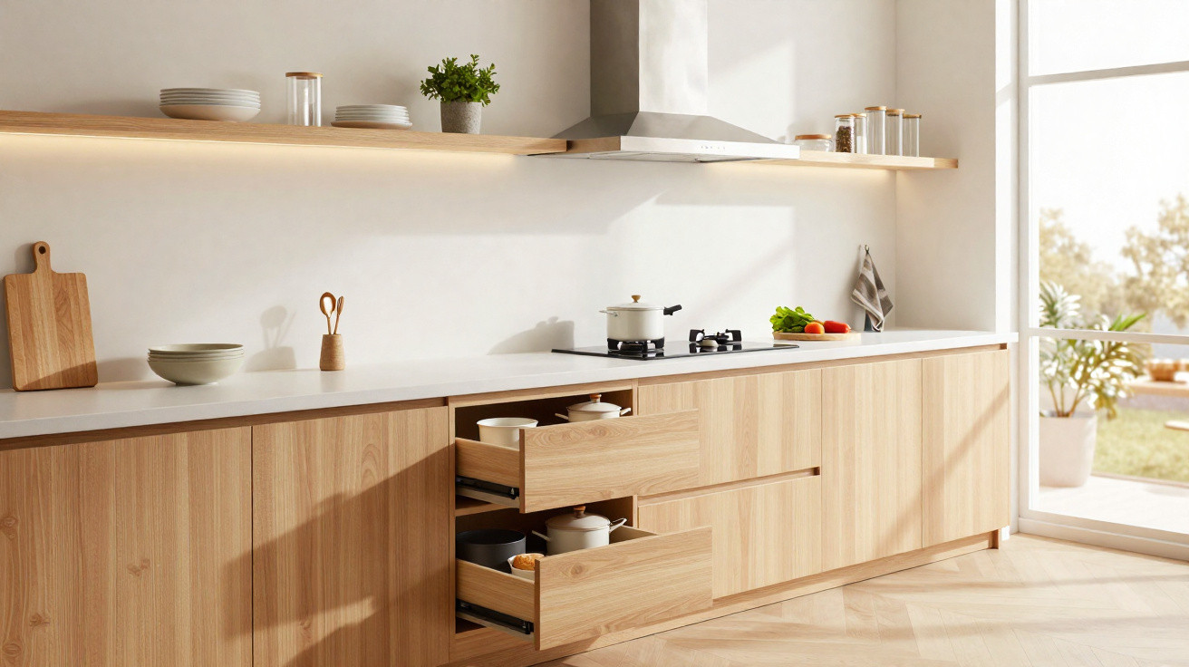 Cozinha moderna com armários de madeira clara, utensílios, plantas e janela a iluminar o espaço.
