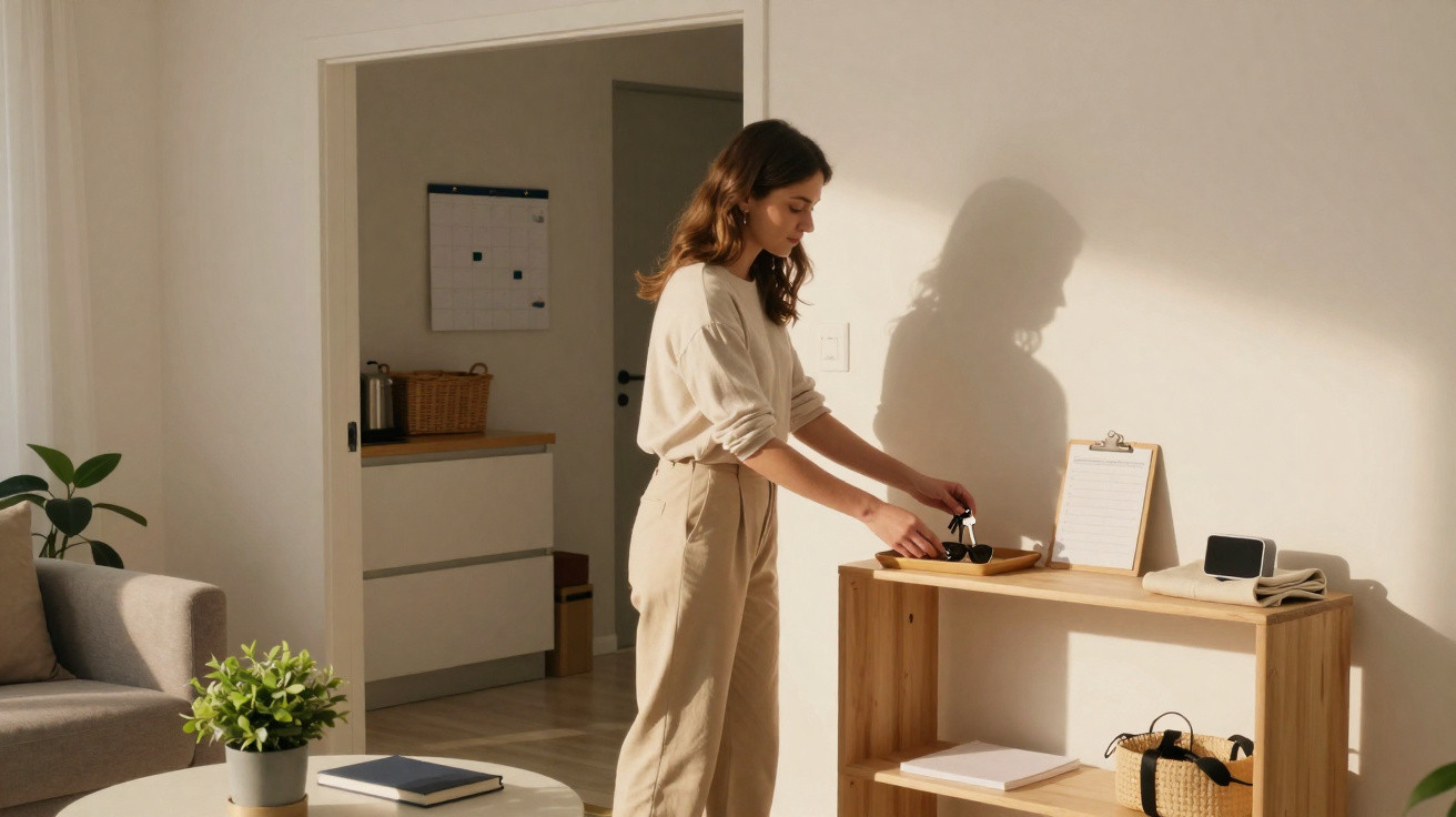 Mulher a arrumar objetos numa consola num espaço interior iluminado com luz natural.