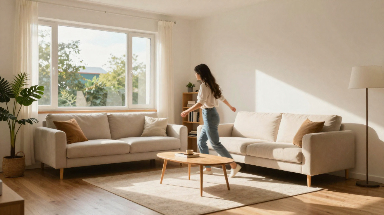 Mulher a andar descalça numa sala luminosa com sofás bege, plantas e mesa de centro com livros e chávena.