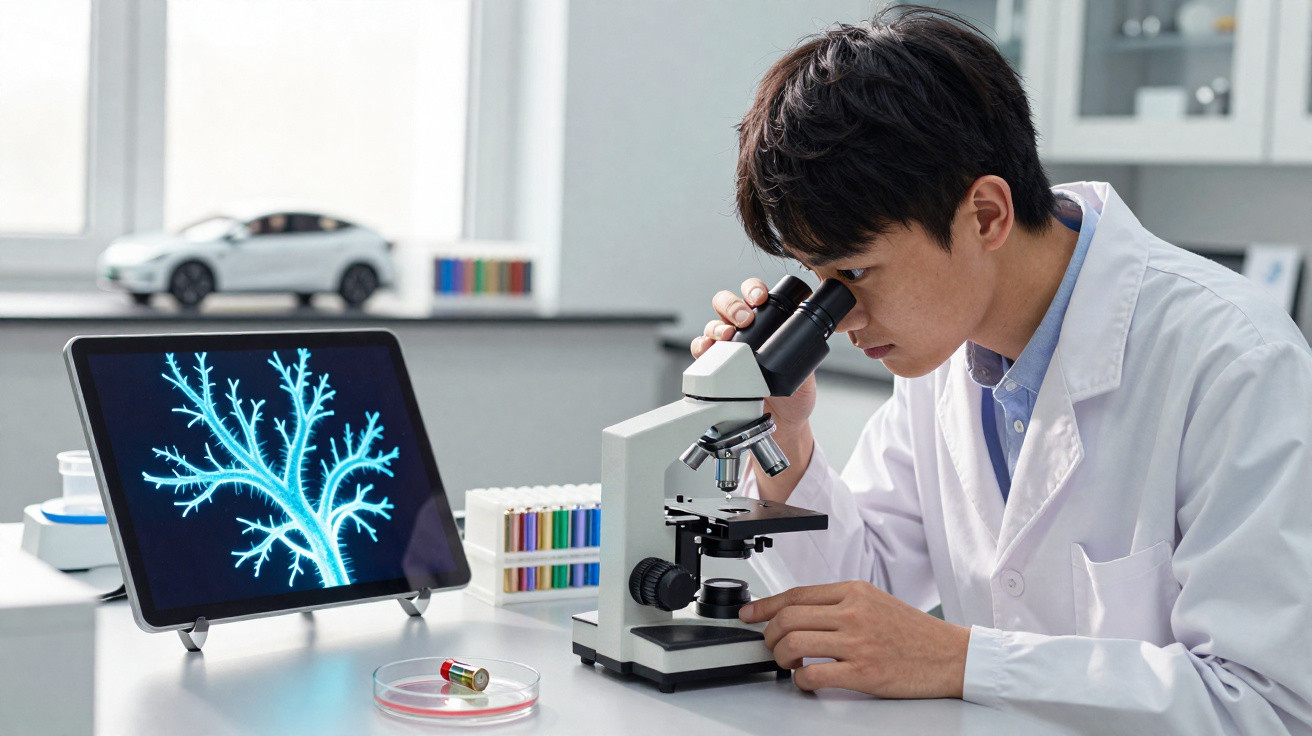Cientista jovem observa amostra ao microscópio com tablet ao lado mostrando imagem de neurónio azul.