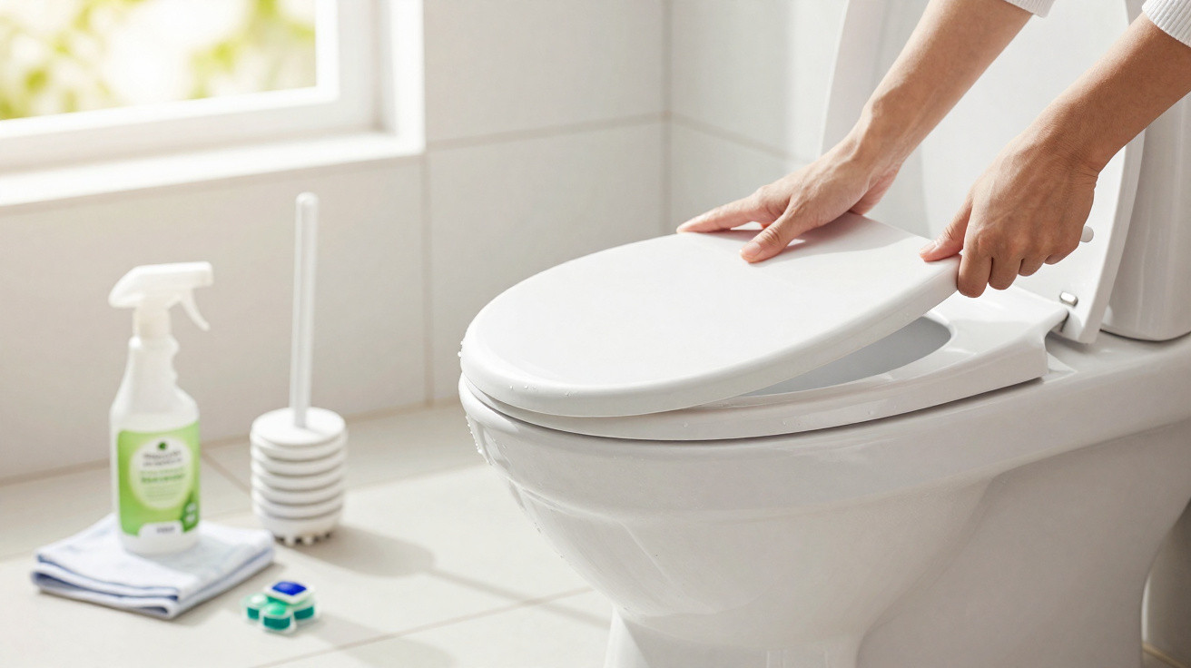 Mão a segurar escova para limpar sanita branca num banheiro com produtos de limpeza ao fundo.