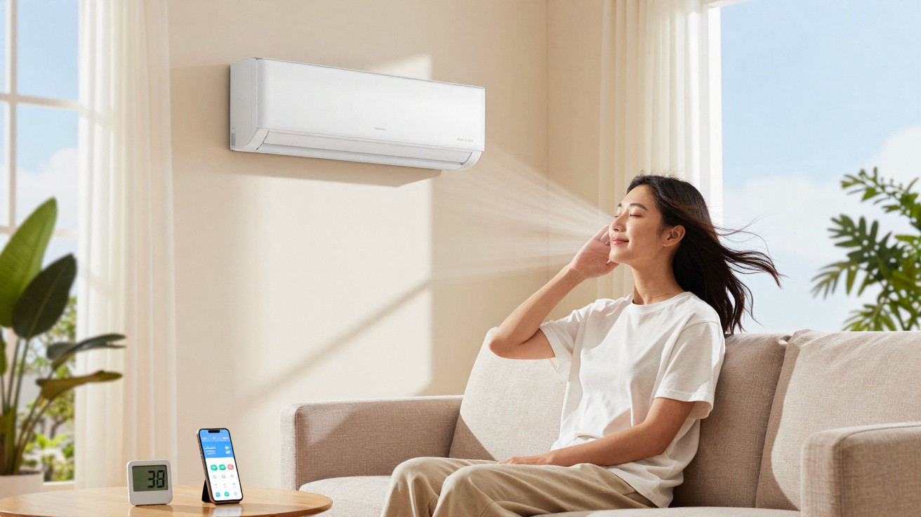 Mulher sentada no sofá com ar-condicionado ligado e controle remoto numa sala iluminada pela luz natural.