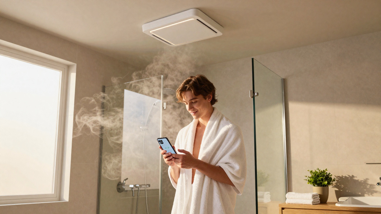 Homem de roupão branco usa telemóvel numa casa de banho moderna com vapor saindo do teto.